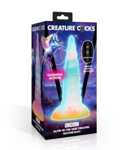 Vibrating unicorn silicone dildo packaging with glowing design
