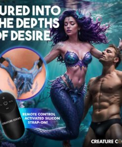 A mystical underwater scene featuring a mermaid and a man, with a focus on a unique silicon strap-on product.
