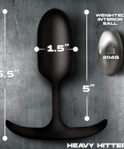 Black silicone anal plug with measurements displayed