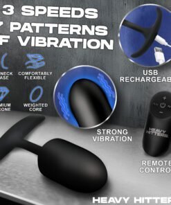 A black silicone vibrating device with a remote control, showcasing its features.
