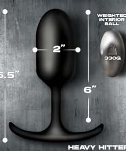 Black silicone anal plug with dimensions and a weighted interior ball