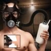 Man wearing a gas mask with a tube connected to a bottle