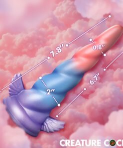 Colorful unicorn-themed toy with measurements against a pink cloud background