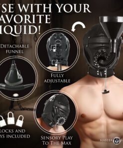 Black sensory play mask with detachable funnel for liquid use