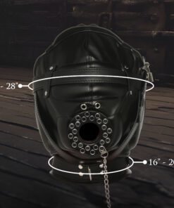 Black leather hood with adjustable sizing