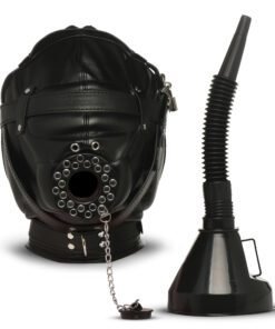 Black leather mask with ventilation holes and a funnel attachment