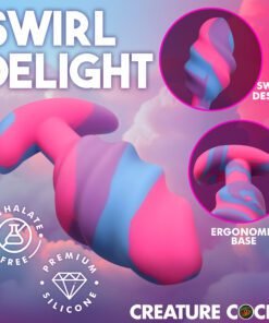 Colorful silicone toy with swirl design and ergonomic base.