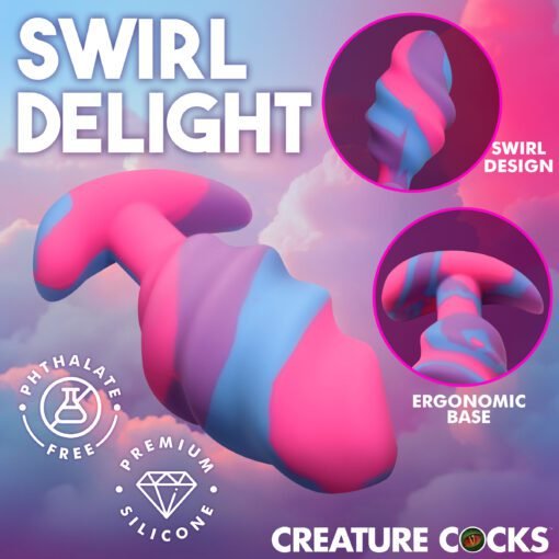 Colorful silicone toy with swirl design and ergonomic base.