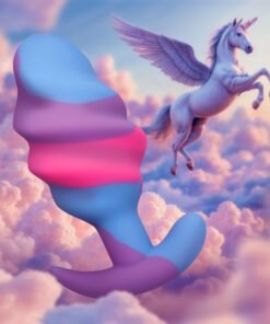 A colorful abstract shape with a gradient of blue, pink, and purple, set against a dreamy cloud background with a flying unicorn.