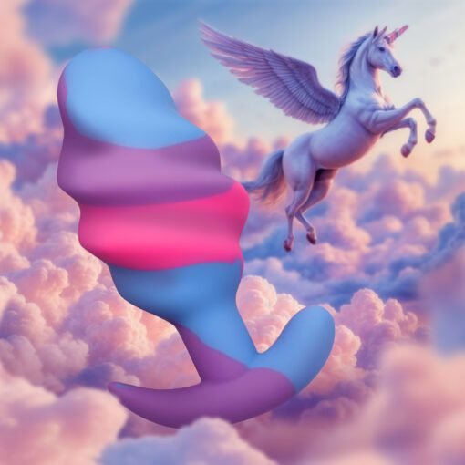 A colorful abstract shape with a gradient of blue, pink, and purple, set against a dreamy cloud background with a flying unicorn.