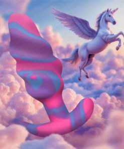 A whimsical pink and blue abstract sculpture beside a flying unicorn in a dreamy cloud background.