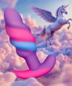 Colorful abstract sculpture with a unicorn in the background