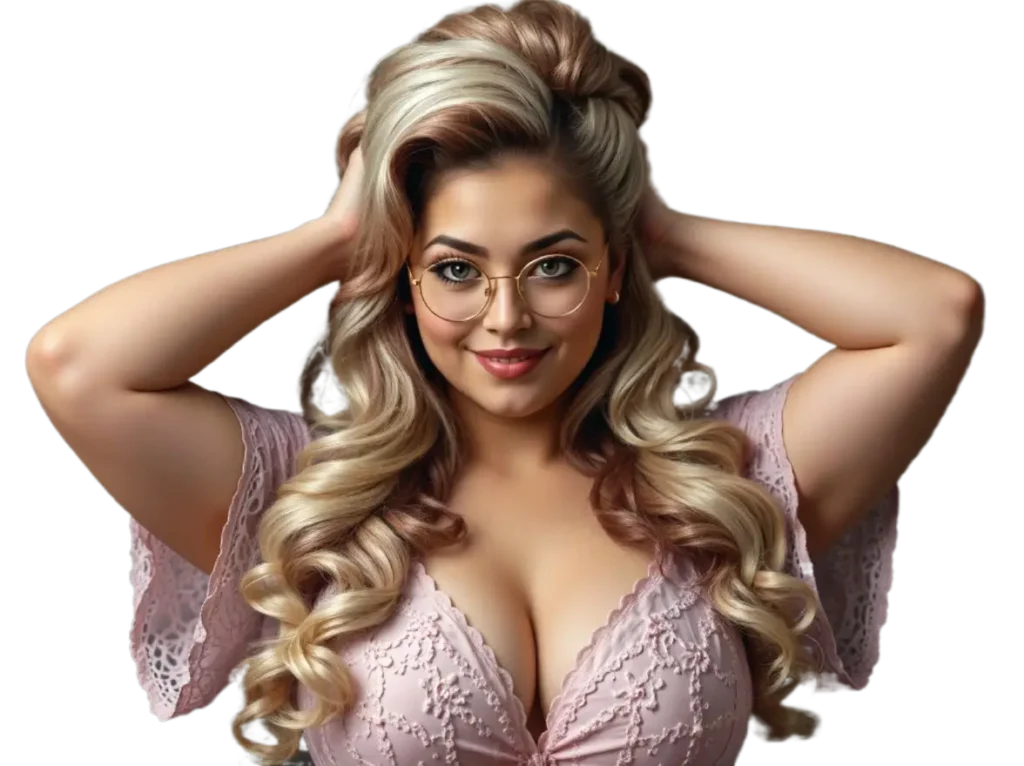 Woman with long wavy hair in a pink dress posing with glasses