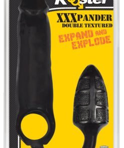 Curved black adult toy designed for expansion with a textured surface
