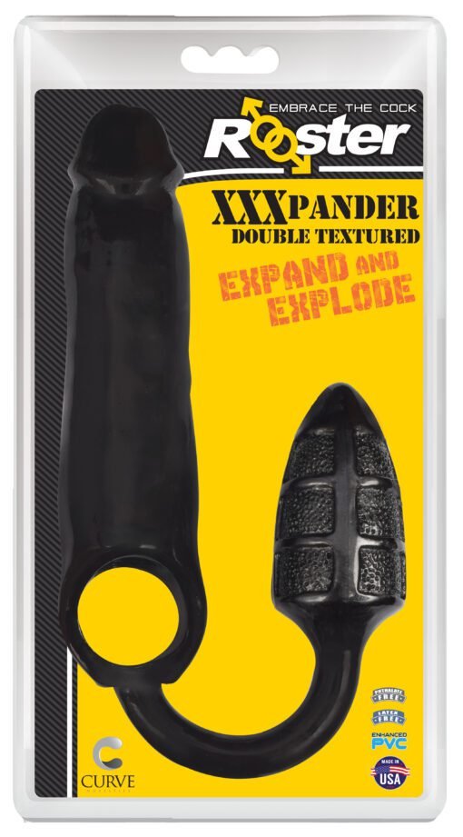 Curved black adult toy designed for expansion with a textured surface