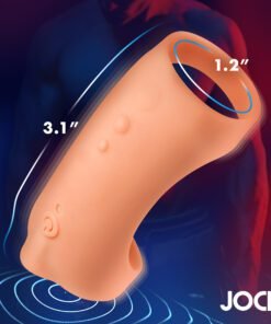 Close-up view of a textured male intimate product with specific dimensions highlighted.