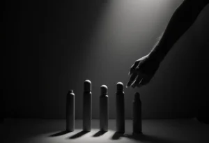 Hand reaching for a series of white bottles in a dimly lit setting