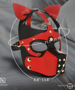 Black and red leather mask with ears designed for cosplay or role-play.