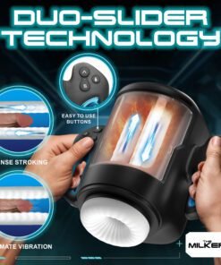 A person holding a device featuring duo-slider technology for enhanced stimulation.
