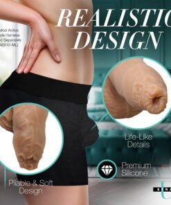 Realistic design of a silicone strap-on product showcased on a model