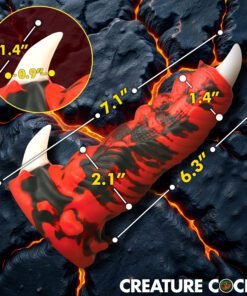 Unique red and black creature-themed item with measurement indicators