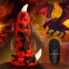 A vibrant red and black dragon-themed toy with a remote control, set against a fiery background featuring a dragon.