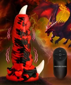 A vibrant red and black dragon-themed toy with a remote control, set against a fiery background featuring a dragon.