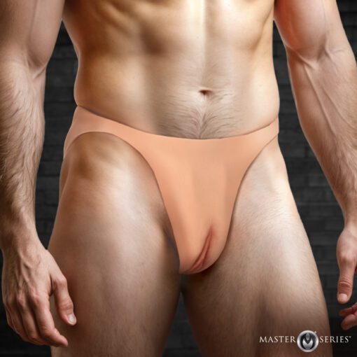 Man wearing a nude-colored thong, showcasing a toned physique