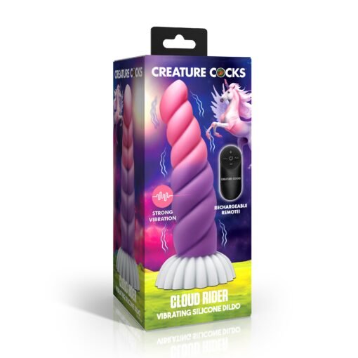 Colorful packaging of the Cloud Rider vibrating silicone dildo featuring a unicorn theme.