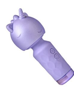 Purple unicorn-shaped massager with a smiling face and control buttons