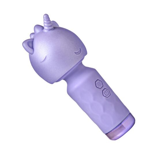Purple unicorn-shaped massager with a smiling face and control buttons