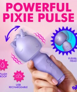 A purple unicorn-shaped massager with a flexible head, showcasing its features like splash proof and USB rechargeable.