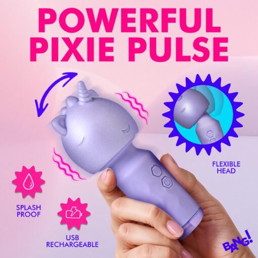 A purple unicorn-shaped massager with a flexible head, showcasing its features like splash proof and USB rechargeable.