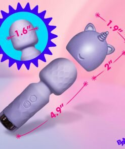 Colorful unicorn-themed massager with dimensions highlighted
