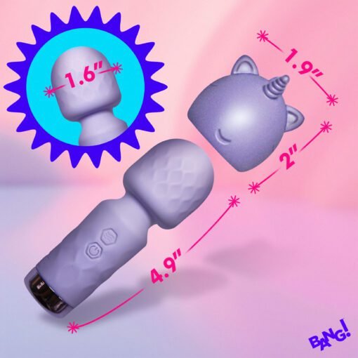 Colorful unicorn-themed massager with dimensions highlighted