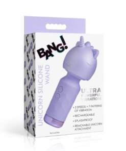Unicorn silicone wand in packaging with multiple features listed.