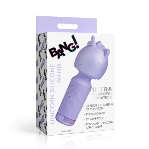 Unicorn silicone wand in packaging with multiple features listed.