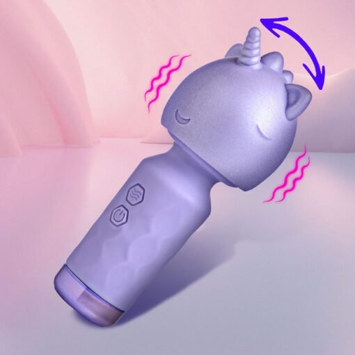 A whimsical purple unicorn-shaped massager with a smiling face and two control buttons.