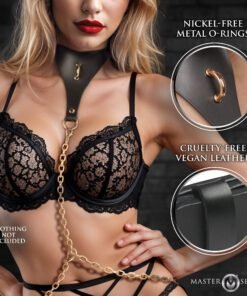 Model wearing a stylish black lace bra paired with a vegan leather collar and chain.