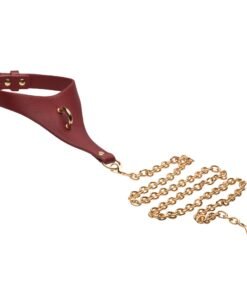 Stylish burgundy leather dog collar with gold chain