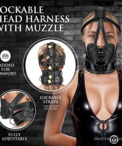 Lockable head harness with muzzle, designed for comfort and adjustability.