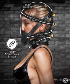 Profile view of a woman wearing a black adjustable restraint device.