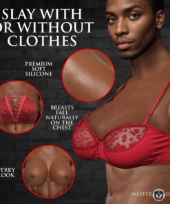 Model showcasing a red lingerie set with detailed features highlighted.