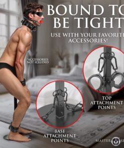 A man restrained with a collar and cuffs, showcasing a bondage accessory setup.