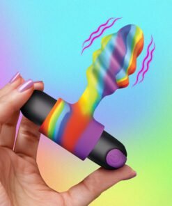 A colorful vibrator held in a hand with a vibrant background