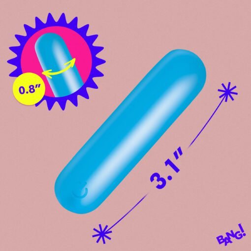 Bright blue elongated object with measurements, featuring a playful design
