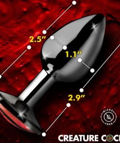 Black silicone butt plug with measurements displayed