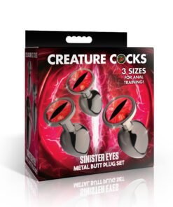Creature Cocks Sinister Eyes Metal Butt Plug Set packaging featuring three sizes for anal training