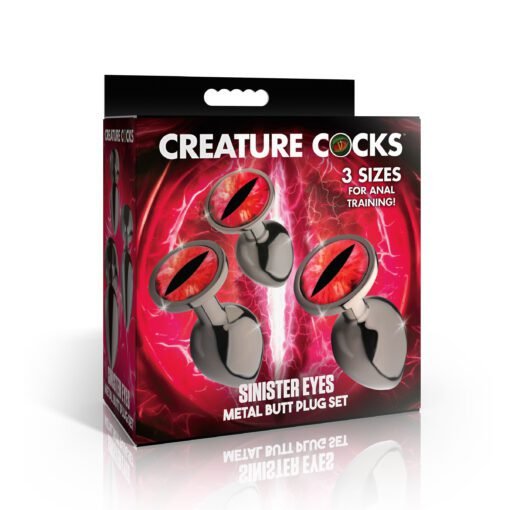 Creature Cocks Sinister Eyes Metal Butt Plug Set packaging featuring three sizes for anal training
