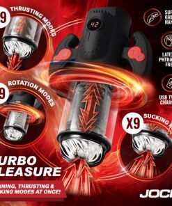 Innovative pleasure device featuring multiple thrusting, rotation, and sucking modes.